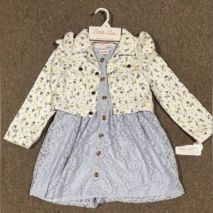 Little Lass Floral Jean Jacket and Lace Dress - White and Light Blue